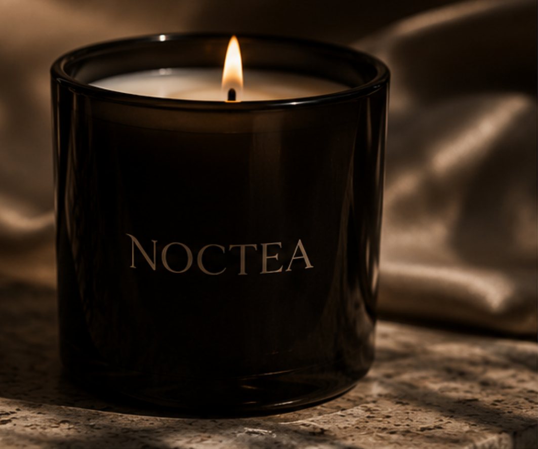 Lit NOCTEA candle in dark glass on a silk drape