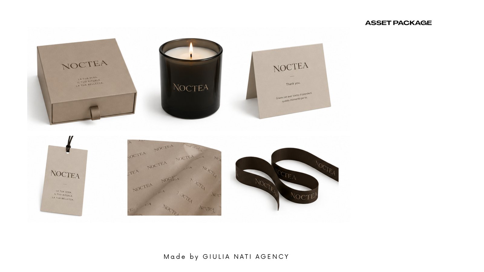 NOCTEA packaging: box, candle, cards and ribbon