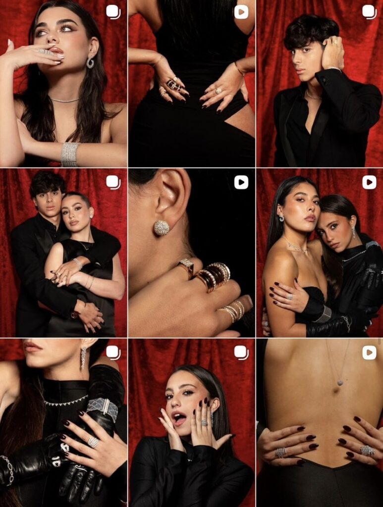 Griglia di contenuti Instagram con gioielli su fondo rosso